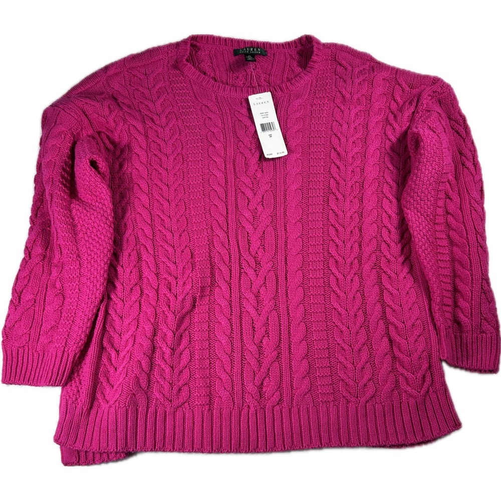 Lauren Ralph Lauren Sweater Womens 2X Hot Pink Cable Knit Cotton NWT $110